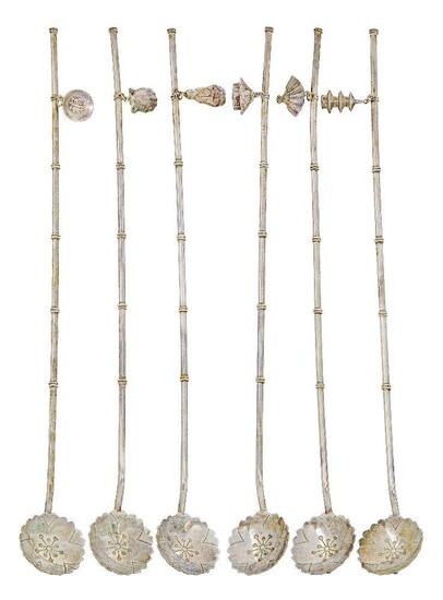A Set of six Japanese silver-coloured metal drinking straw-spoons 20th...