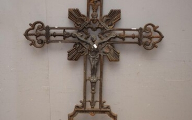 A TALL CAST IRON FRENCH CRUCIFIX (149H x 80W CM) (PLEASE NOTE THIS HEAVY ITEM MUST BE REMOVED BY CARRIERS AT THE CUSTOMER'S EXPENSE...