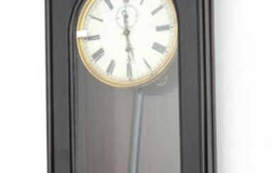 A VIENNA REGULAR WALL CLOCK WITH AN EBONISED CASE, WITH PENDULUM, WEIGHT AND TWO WINDERS, 112 CM HIGH (repairs and losses)