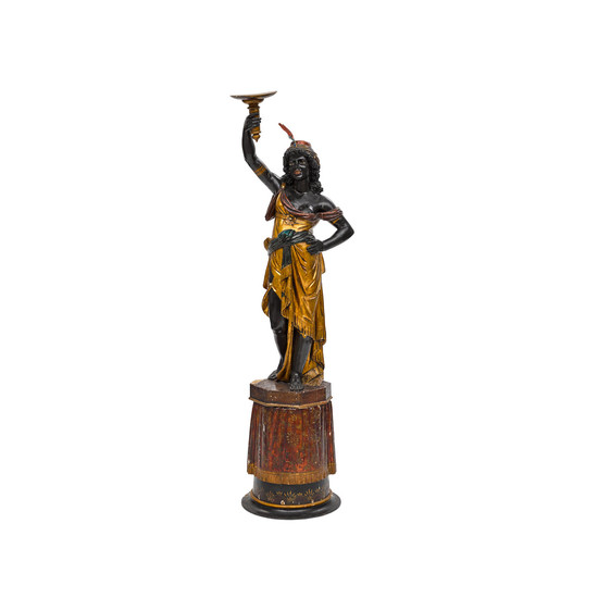 A Venetian Polychrome and Gilt Decorated Carved Wood Figural Torchère