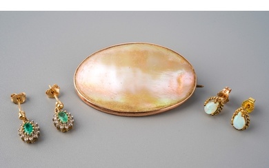 A Victorian 9ct gold and mother of pearl brooch; a pair of 9...