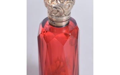 A Victorian Cranberry Glass Scent Bottle with Silver Top. H...