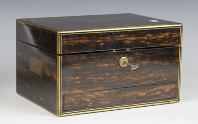 A Victorian coromandel and brass bound box by Mechi & Bazin, the sides with recessed brass handl