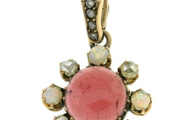 A Victorian gold garnet, opal and rose-cut diamond cluster pendant.