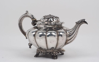 A Victorian silver melon-shaped teapot, London, c.1843, maker's mark rubbed,...