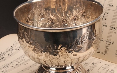 A Victorian style silver half-fluted pedestal bowl, chased w...