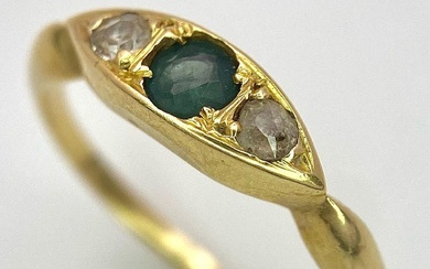 A Vintage 18K Yellow Gold Emerald and Diamond Ring....