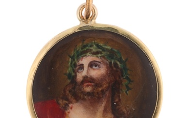 A Vintage enamel 'Jesus Christ' pendant, hand painted decora...