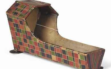 A WOOD PAINT-DECORATED DOLL'S HOODED CRADLE, POSSIBLY NEW ENGLAND, DATED 1874