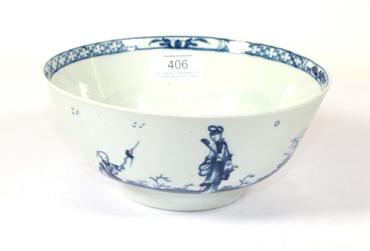 A Worcester Porcelain Bowl, circa 1758, painted in underglaze blue...
