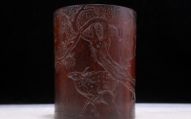 A carved zitanwood 'Pine and Deer' brush pot