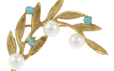 A cultured pearl and turquoise foliate brooch.