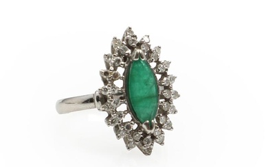 A emerald-and diamond ring set with marquise-cut emerald flanked by numerous single-cut...