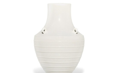 A fine and extremely rare archaistic white-glazed soft-paste vase, Seal mark and period of Qianlong | 清乾隆 白釉弦紋四繫尊 《大清乾隆年製》款