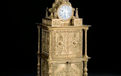 A gilt bronze mantel clock in the shape of a cabinet