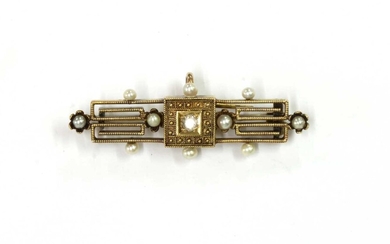 A gold Archaeological revival diamond and seed pearl brooch