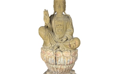 A good late large Chinese carved wooden Buddha sat upon a lo...