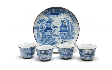 A group of blue and white porcelain tea set comprising teacups with tray painted with pavilion landscape, a man riding a horse and oarsman in a river