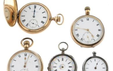 A group of five pocket watches, including two silver examples and three gold plated examples.