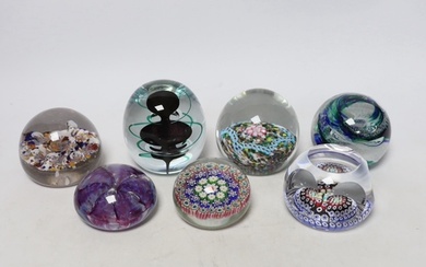 A group of seven Whitefriars and other paperweights, tallest...