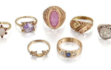 A group of seven gem rings comprising: an amethyst and seed pearl ring, size N½; a diamond cluster ring, size M½; a Soviet synthetic pink sapphire ring, size Q; an opal and pink gem ring, size L; a bi-coloured ring, size R; a sapphire and diamond...