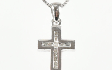 A hallmarked 9ct white gold chain necklace with diamond pendant. The necklace comprised of fine box links & united by a spring ring clasp, hallmarked for London together with common control mark. Together with a 9ct white gold cross pendant set with a...