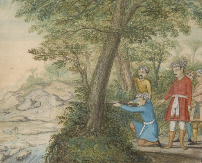 A hunting scene, Company School, India, mid- to late-19th century, opaque pigments on paper heightened with gilt, on a river bank with one member of the hunting party kneeling and raising his rifle, four men behind watch him, mounted, glazed and...