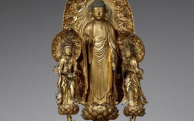 A lacquered and gilded wood Amida Trias. 18th century