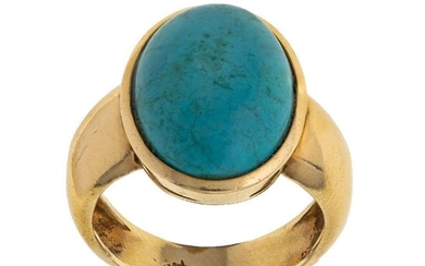 A large cabochon turquoise ring, the oval cabochon turquoise in collet mount to tapering domed hoop, ring size, S