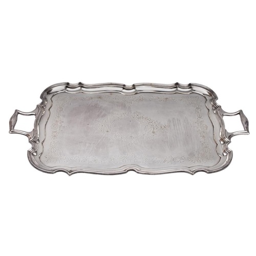 A large electro-plated serving tray: of cartouche-shaped ou...