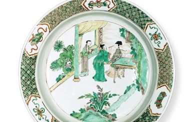 A large famille-verte 'painting eyebrows' basin, Qing dynasty, Kangxi period | 清康熙 五彩京兆畫眉圖盆