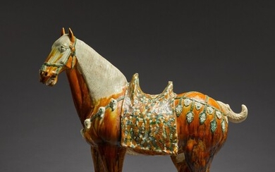 A magnificent large sancai-glazed figure of a caparisoned horse, Tang dynasty | 唐 三彩馬, A magnificent large sancai-glazed figure of a caparisoned horse, Tang dynasty | 唐 三彩馬
