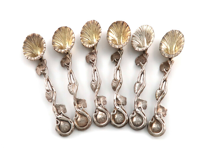 A matched set of six William IV parcel-gilt silver salt spoons