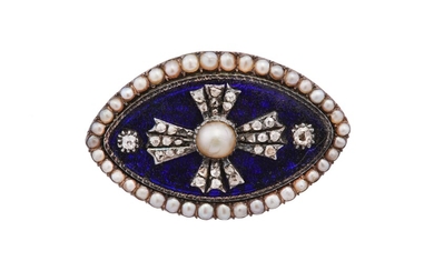 A navette-shaped enamel mourning brooch