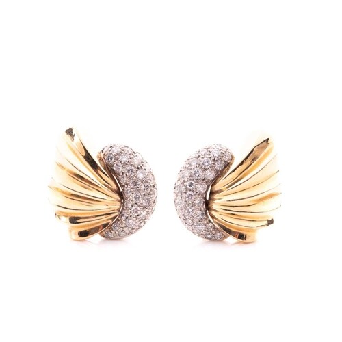 A pair of 14ct yellow gold and diamond shell-shaped earrings...
