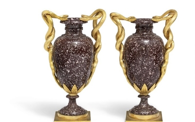 A pair of French Louis XVI Egyptian porphyry vases. Late 18th century. H. 19 cm. (2)