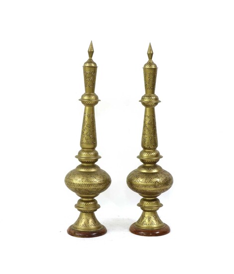A pair of Persian-style pierced brass table lamps