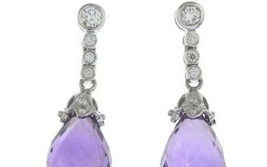 A pair of amethyst briolette and brilliant-cut diamond earrings.