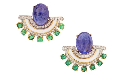 A pair of enamel, emerald, tanzanite and diamond earrings