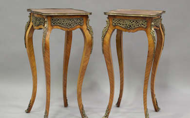 A pair of late 20th century Louis XV style kingwood and parquetry veneered jardinière stands wi