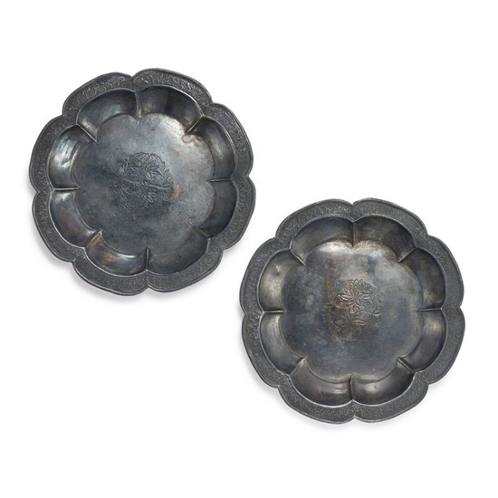 A pair of silver 'lotus' lobed dishes, Song dynasty 宋 銀鏨花折沿葵口盤一對