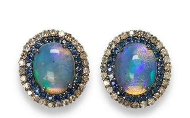 A pair of synthetic opal, sapphire and diamond earrings