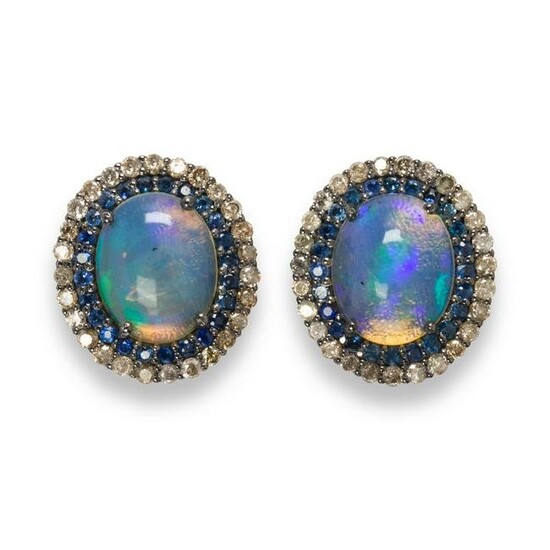 A pair of synthetic opal, sapphire and diamond earrings