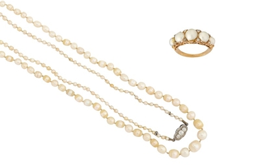 A pearl necklace and a pearl and diamond ring