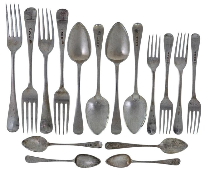 A quantity of Georgian silver flatware, various dates and makers, comprising: 24 Hanoverian pattern table forks, 18 with crest to terminals; 24 Hanoverian pattern dessert forks, no crests or monograms; 18 Old English pattern dessert spoons, six...