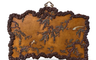 A rare and impressive imperial jade and hardstone-inlaid lacquered wood 'birds and wisteria' panel, Qing dynasty, Qianlong period | 清乾隆 鸂鶒木仿天然木框黃漆百寶嵌紫藤綬帶鳥圖掛屏