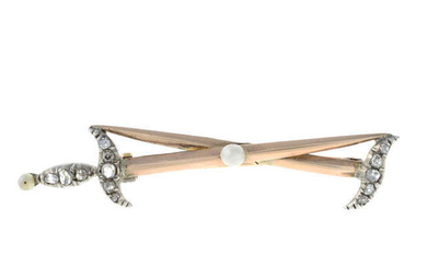 A rose-cut diamond and seed pearl brooch, designed to depict two swords.