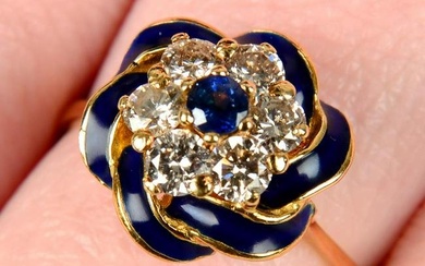 A sapphire, brilliant-cut diamond and blue enamel stylised rosette ring.Estimated total diamond