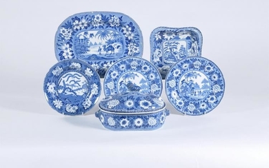 A selection of exotic wildlife Staffordshire blue and white printed dinner wares