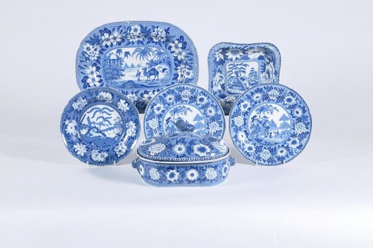 A selection of exotic wildlife Staffordshire blue and white printed dinner wares